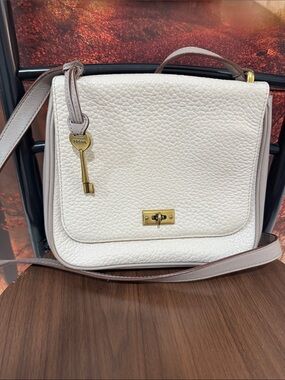 Fossil Cream Pebbled Leather Crossbody with Gold Key Charm